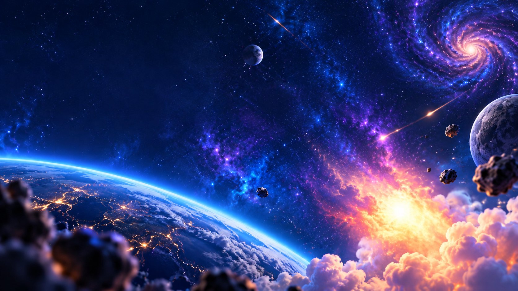 A glowing planet beneath a deep blue galaxy.