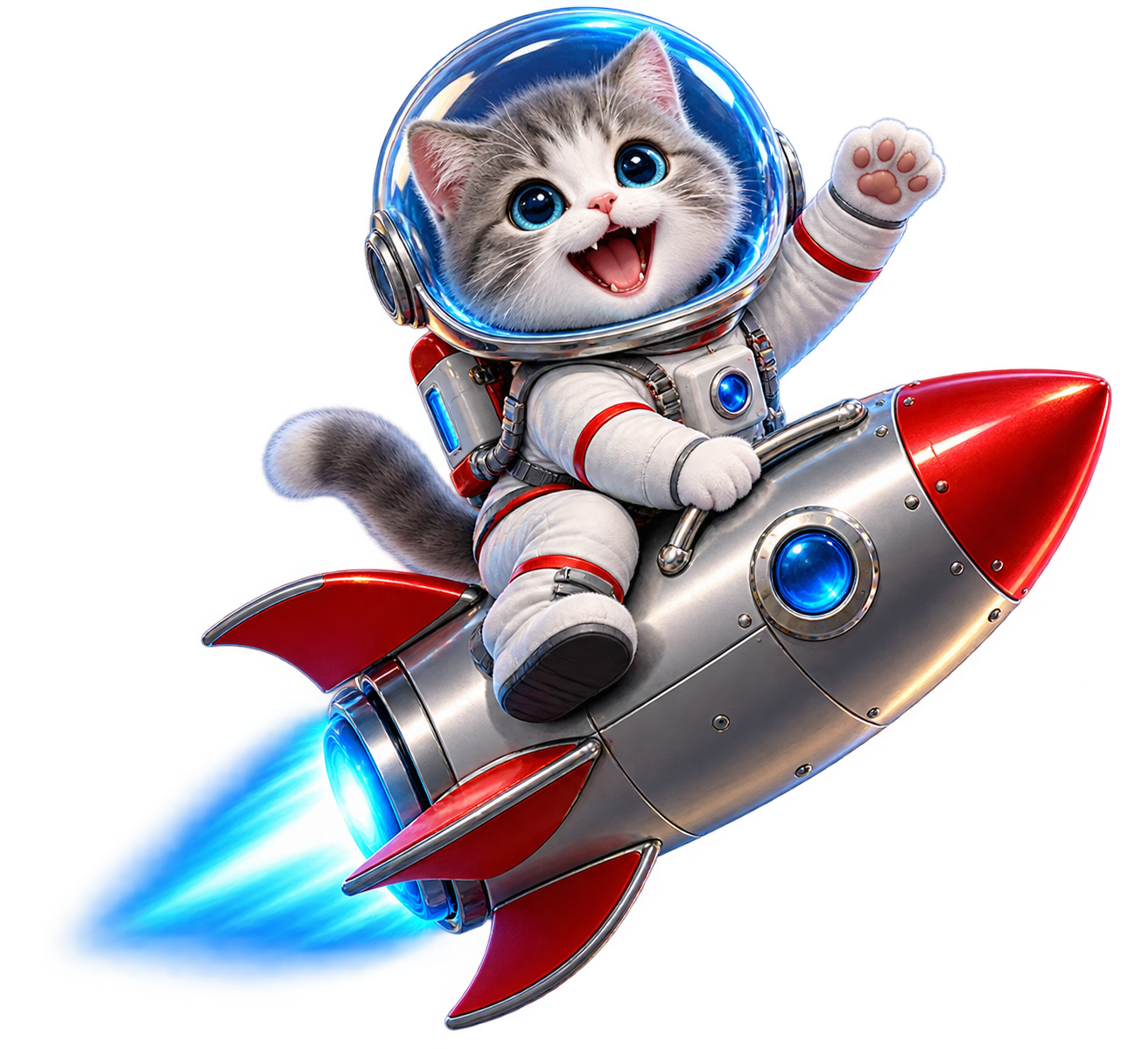 A cat astronaut flies around the launchpad on a red rocket.